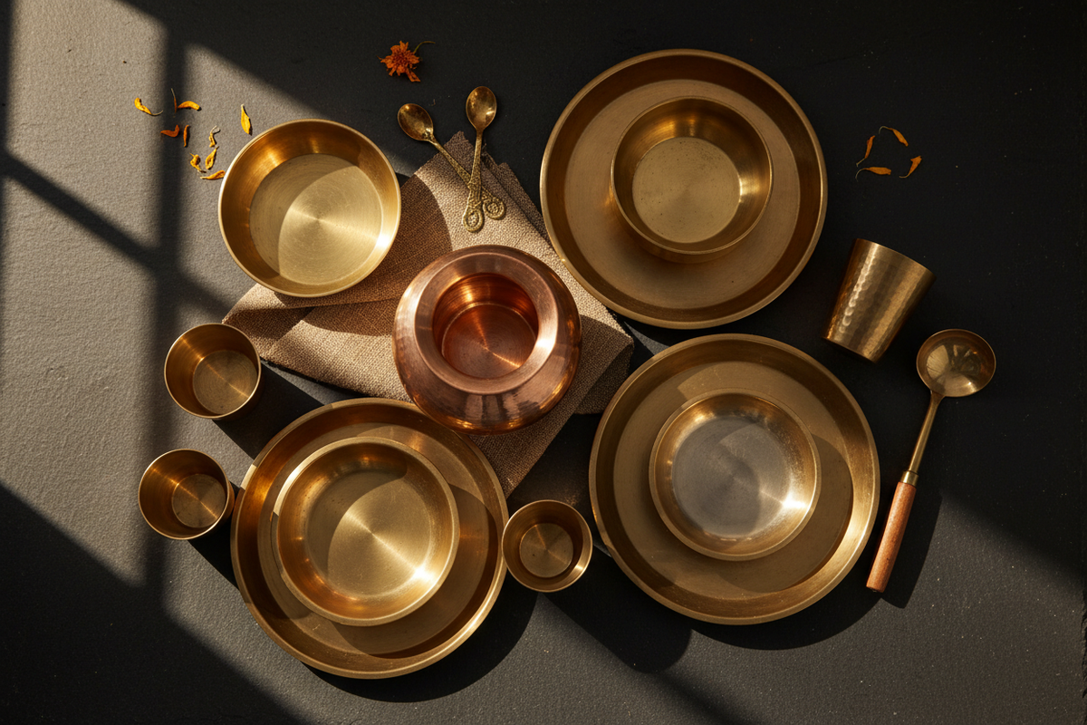Copper, Brass and Kansa traditional Indian metal vessels arranged together