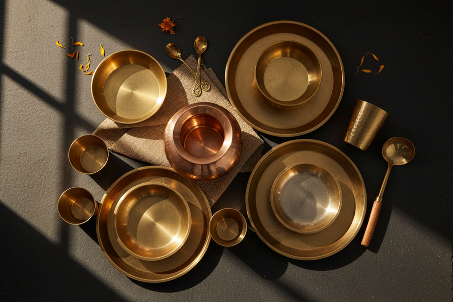 Copper, Brass and Kansa traditional Indian metal vessels arranged together
